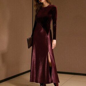 Burgundy Elegant Women's Velvet Satin Mixed Media Split Thigh Long  maxi Dress